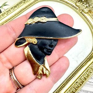 Vintage Lady Black Hat Gold Tone Trim Brooch Pin